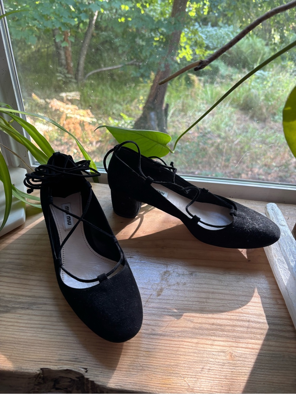 Miu Miu Black Suede Lace-Up Block Heel Pumps
